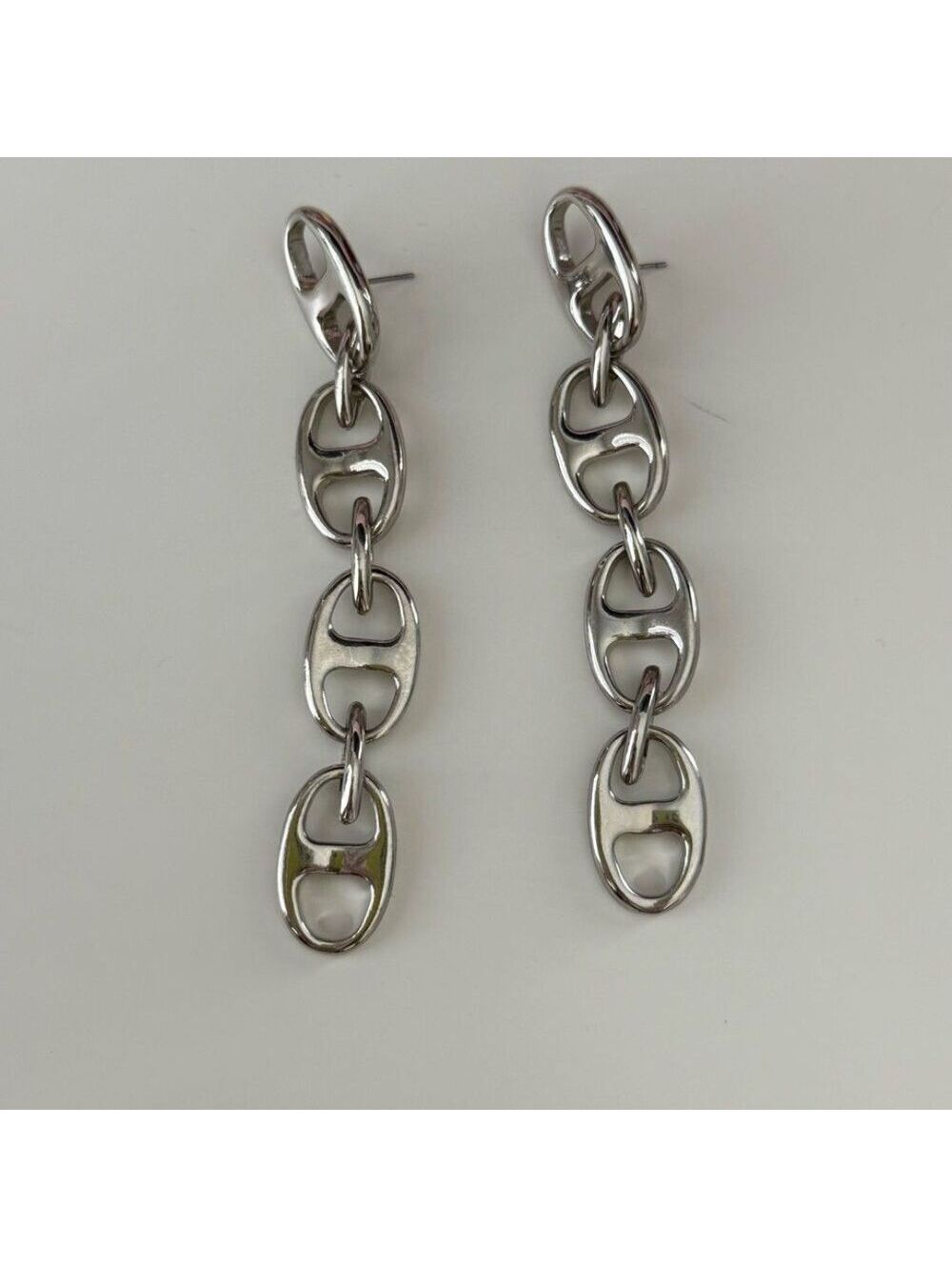 Chunky Silver Tone Chain Link Earrings Dangle Edgy Minimal Statement